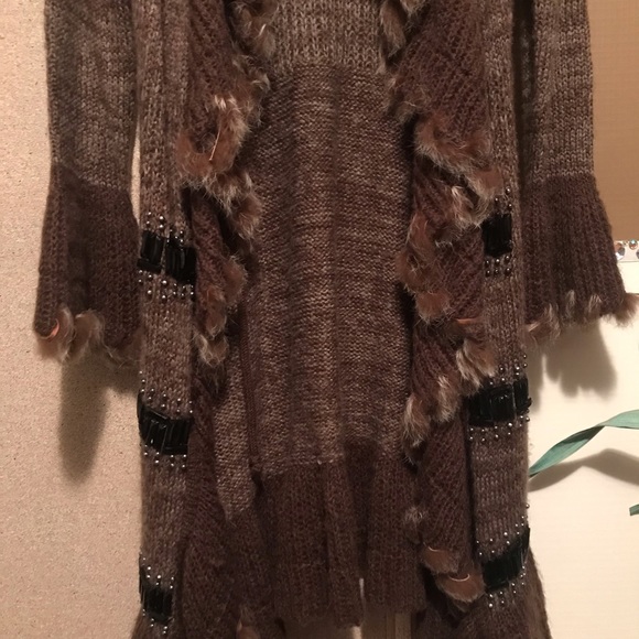 Long Sweater Cover-up Faux Fur Leather &  beads - Picture 9 of 14